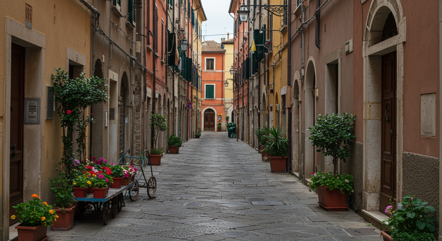Empty narrow European street with colorful buildings, potted plants, and benches.