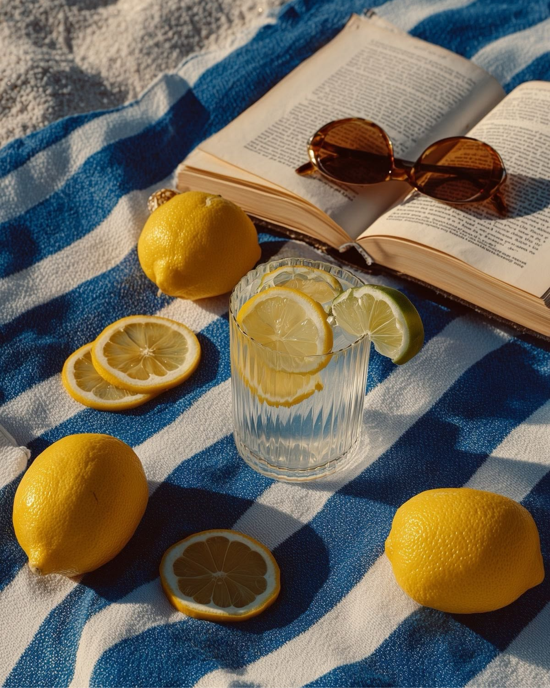A glass of lemon water with lemon slices inside, placed on a striped blue and white towel, with whole lemons and lemon slices arranged nearby, and an open book with sunglasses resting on it in the background.