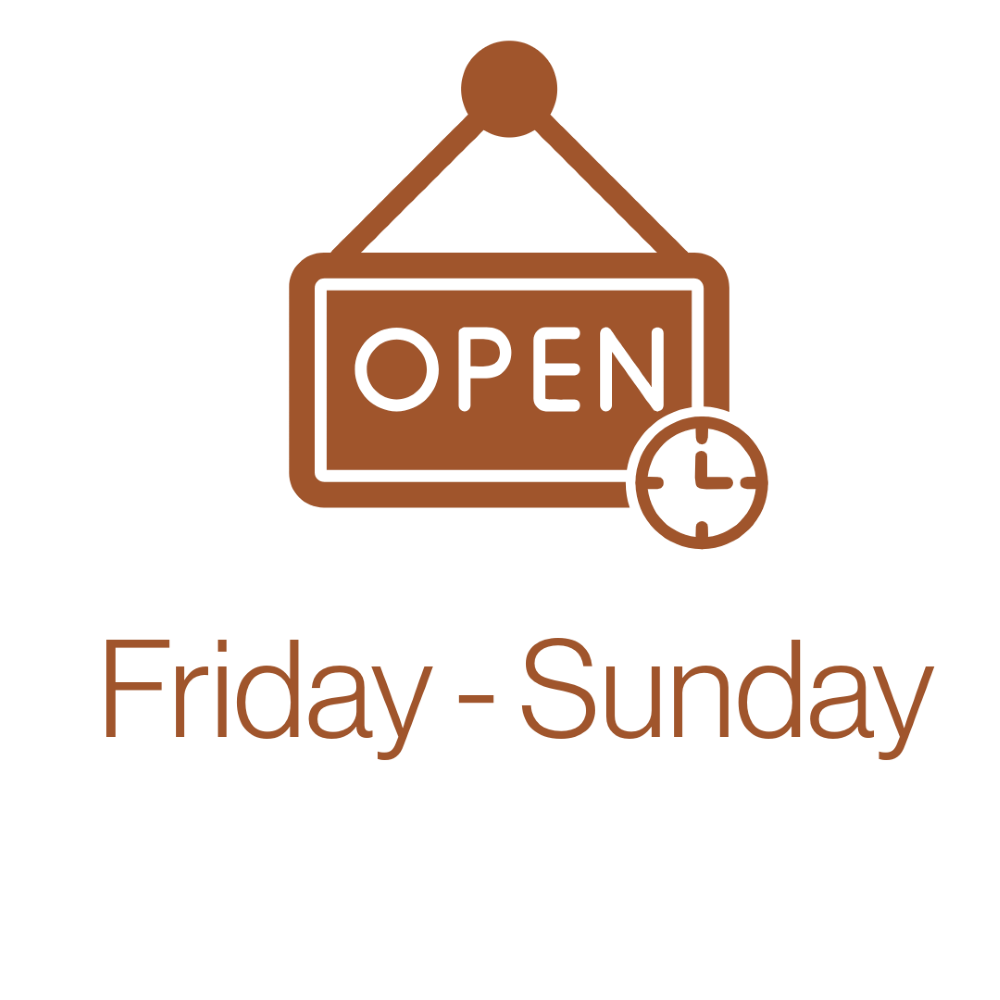 An illustration of an open sign with a clock icon, indicating business hours from Friday to Sunday.