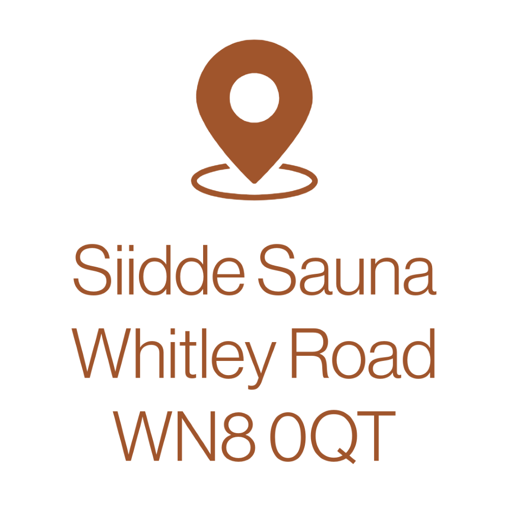 Logo for Siidde Sauna featuring a stylized brown location pin icon above the text 'Siidde Sauna Whitley Road WN8 0QT' in brown font.