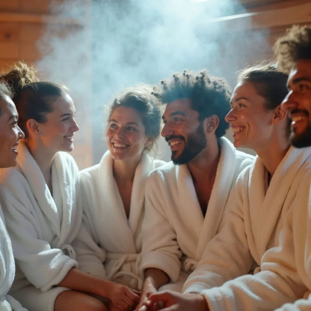 Group of six diverse people in bathrobes smiling and sitting together in a sauna or spa room.