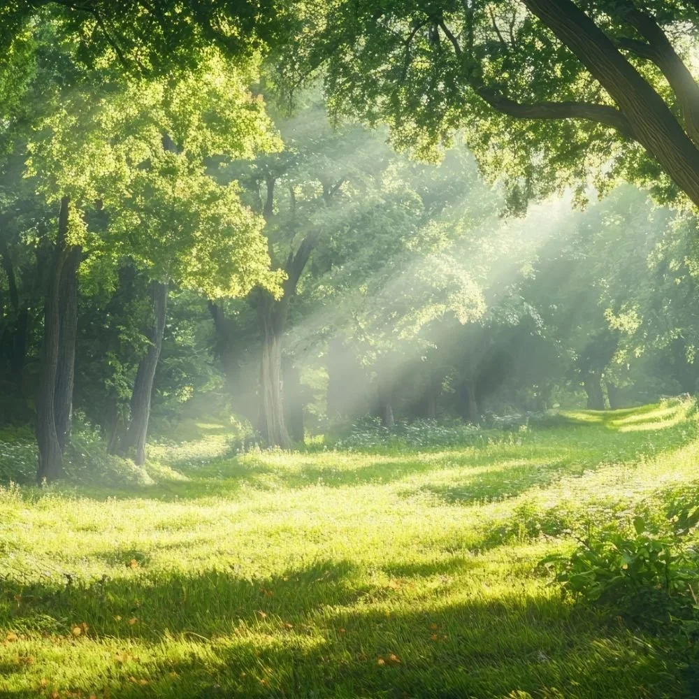 Sunlight filtering through green trees in a peaceful forest scene with bright grass and a dirt path.