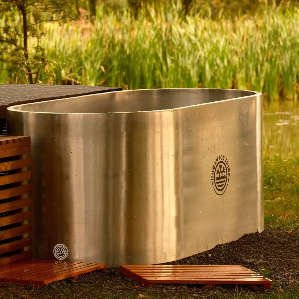 Stainless steel ice bath in an outdoor setting