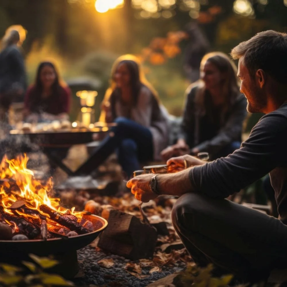 Group of friends enjoying a campfire outdoors during sunset in autumn, sitting around a fire pit with trees and autumn leaves visible in the background.