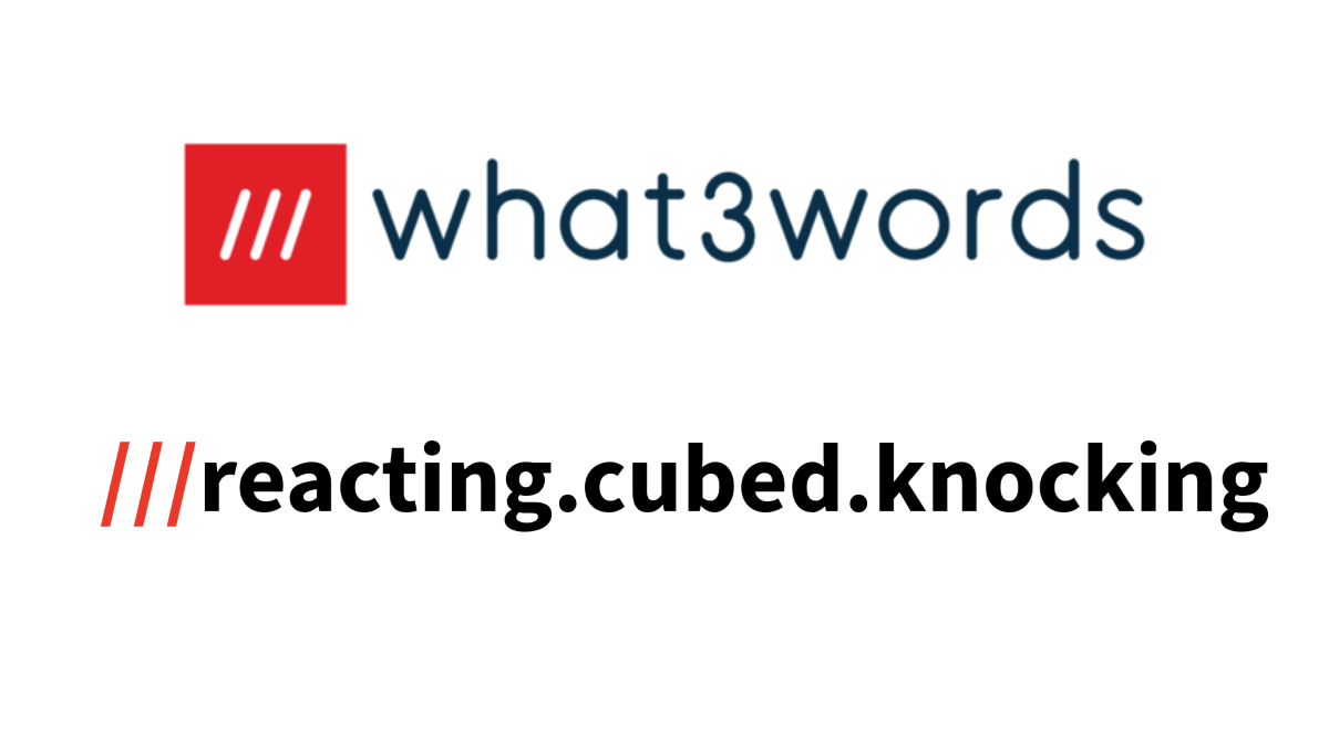 Logo of what3words with a red square containing three white slashes, and the text "what3words" in blue next to it.