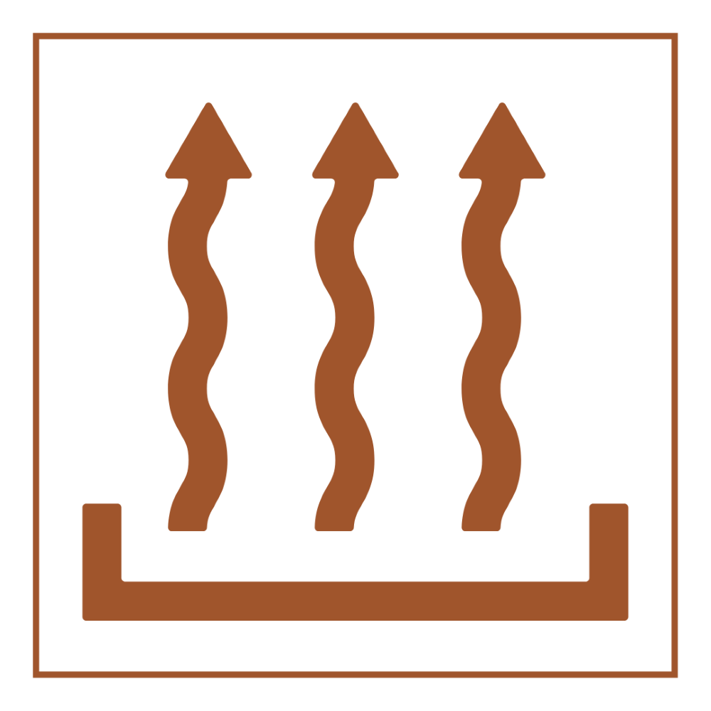 Graphic of three vertical wavy lines rising upward from a rectangular base, with arrows at the top of each line, representing steam or heat rising.