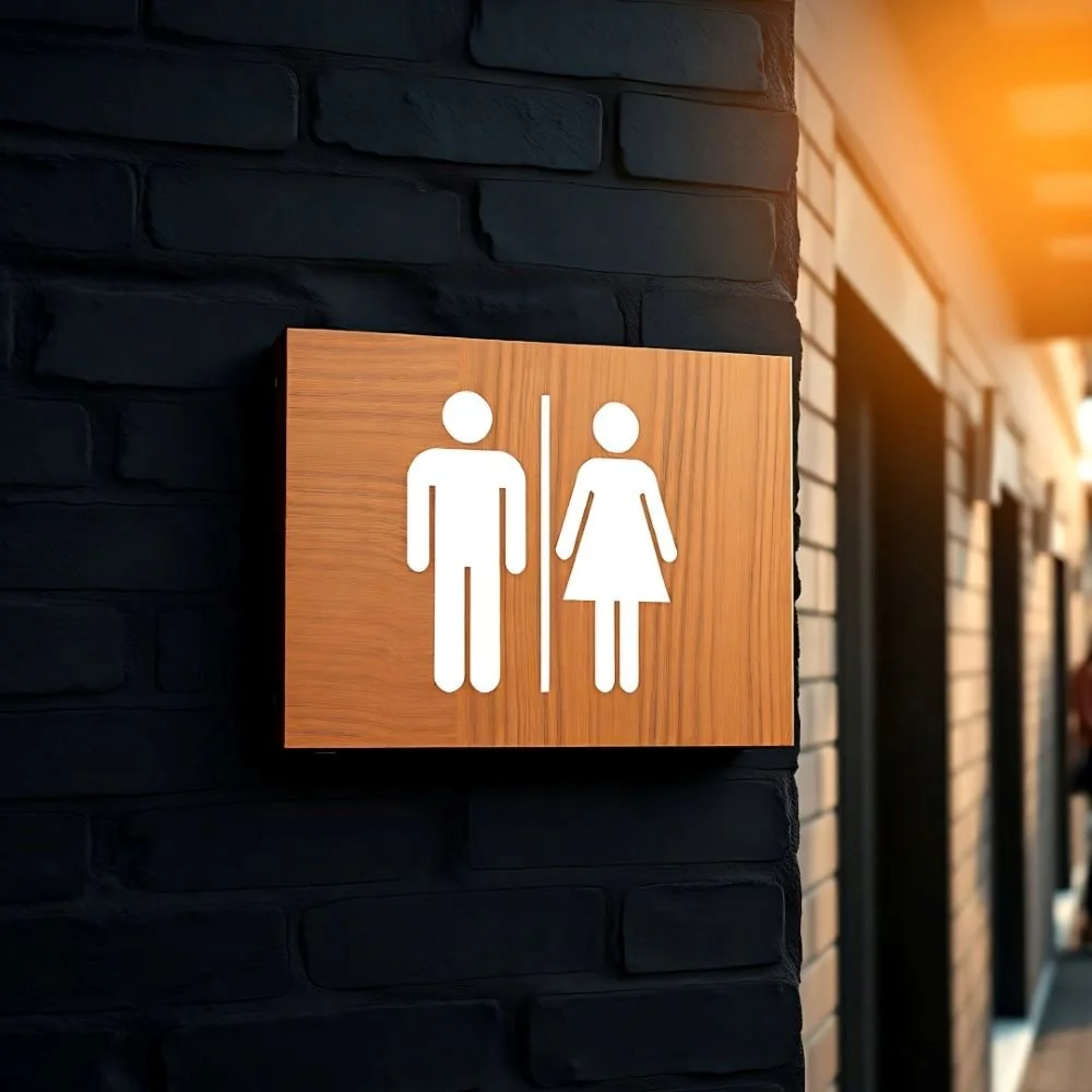 Sign indicating men's and women's toilets on a dark brick wall with sunlight in the background.