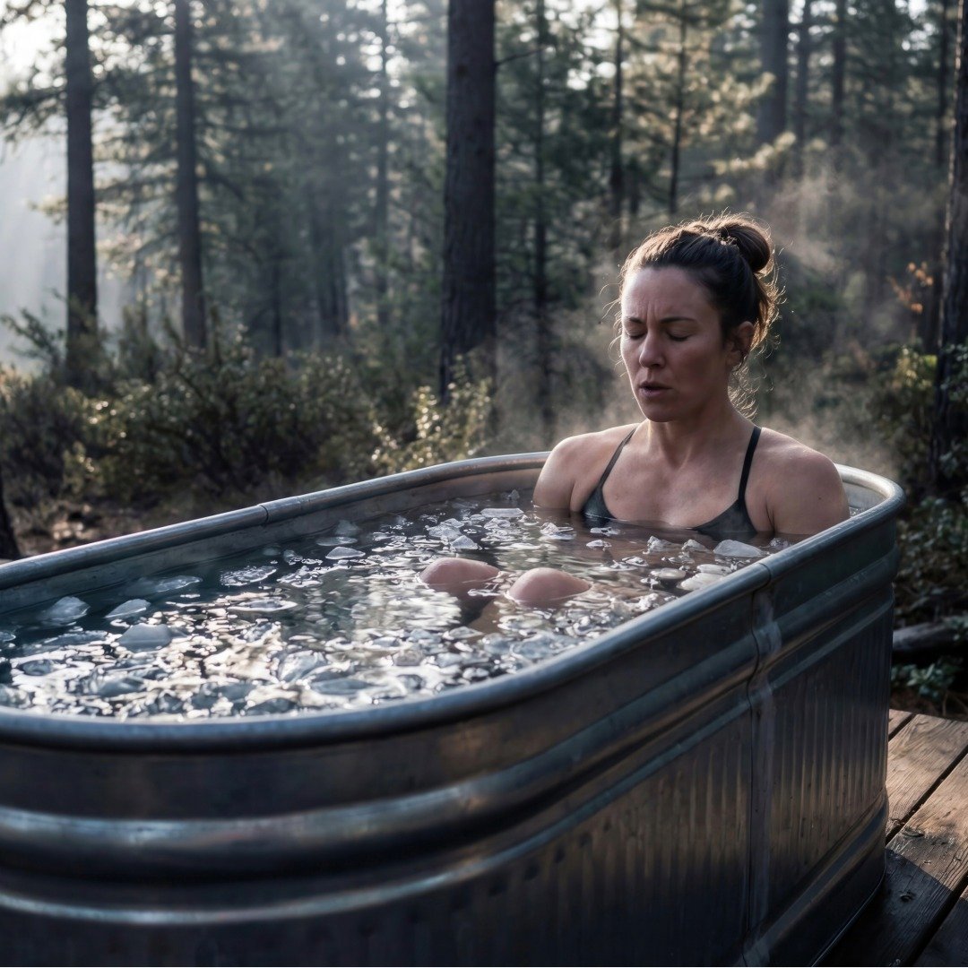 A woman in swimwear sat submerged in cold water in a metal ice bath outdoors amid trees.