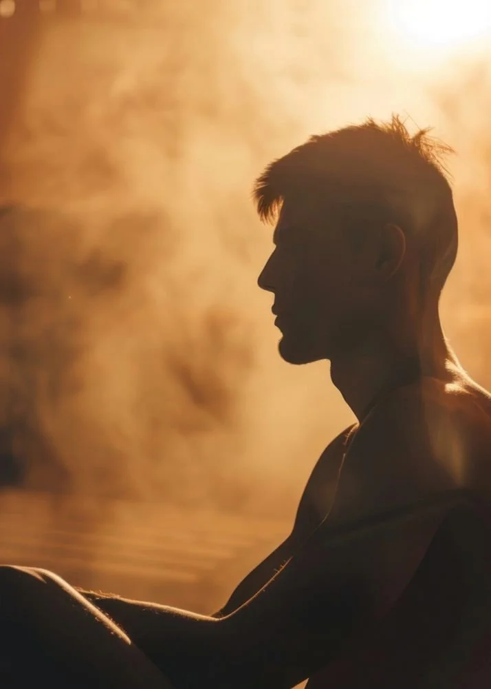 Silhouette of a young man with short hair, sitting in a steamy sauna with warm lighting.