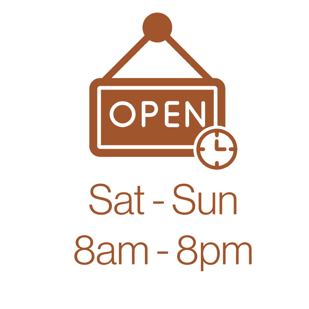 Sign indicating the business is open Saturday to Sunday from 8 am to 8 pm, with an open sign and a clock icon.