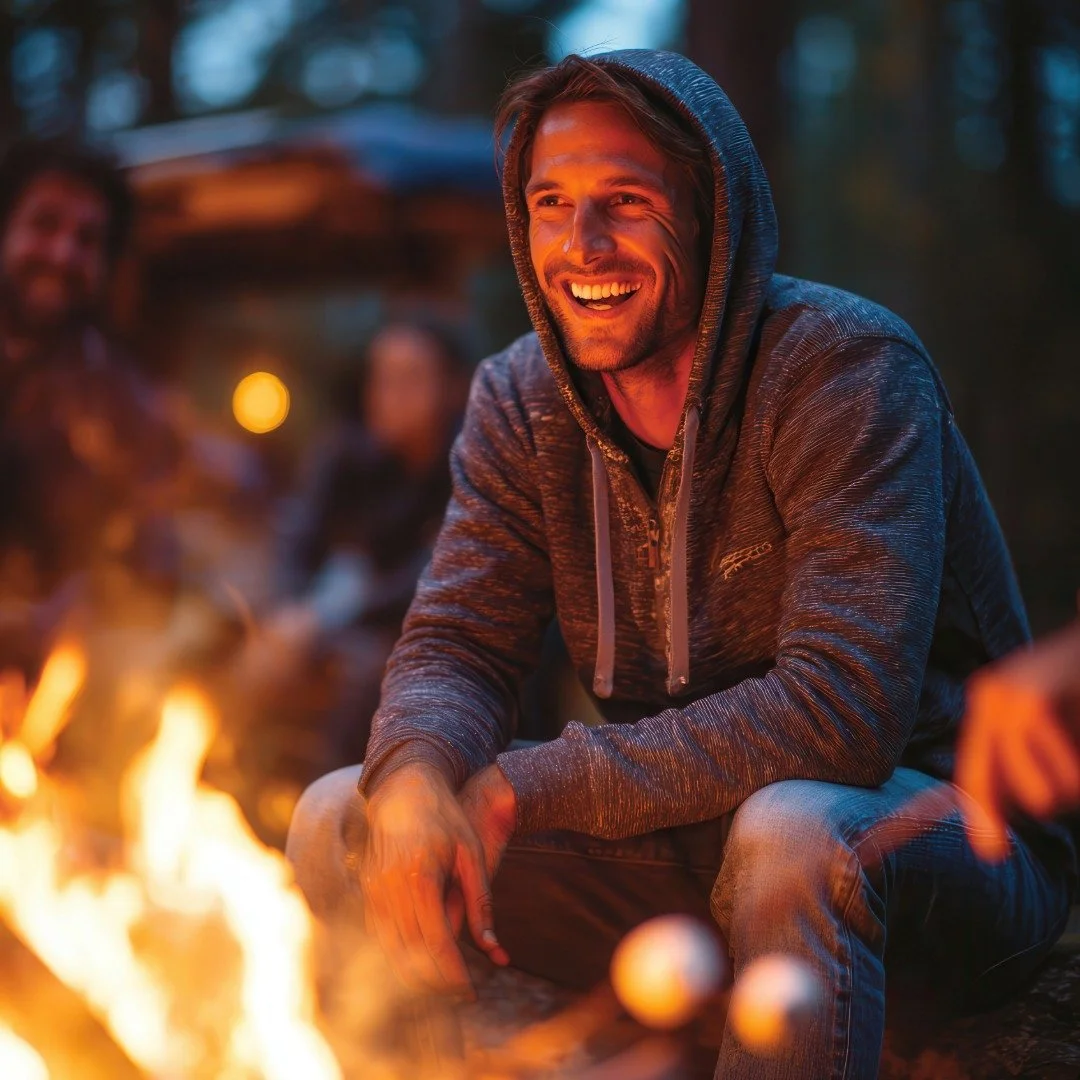 A young man in a hoodie sitting by a campfire at dusk, smiling and enjoying outdoor time with friends in the background.