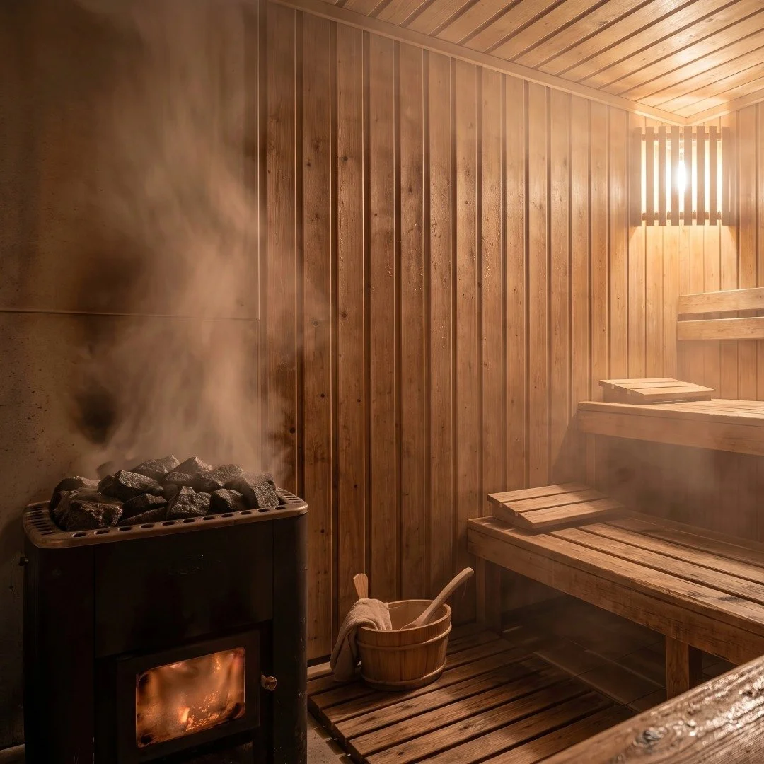 A traditional Finnish sauna with wooden walls, benches, a bucket with a ladle, and a wood-burning stove with stones on top, emitting steam.