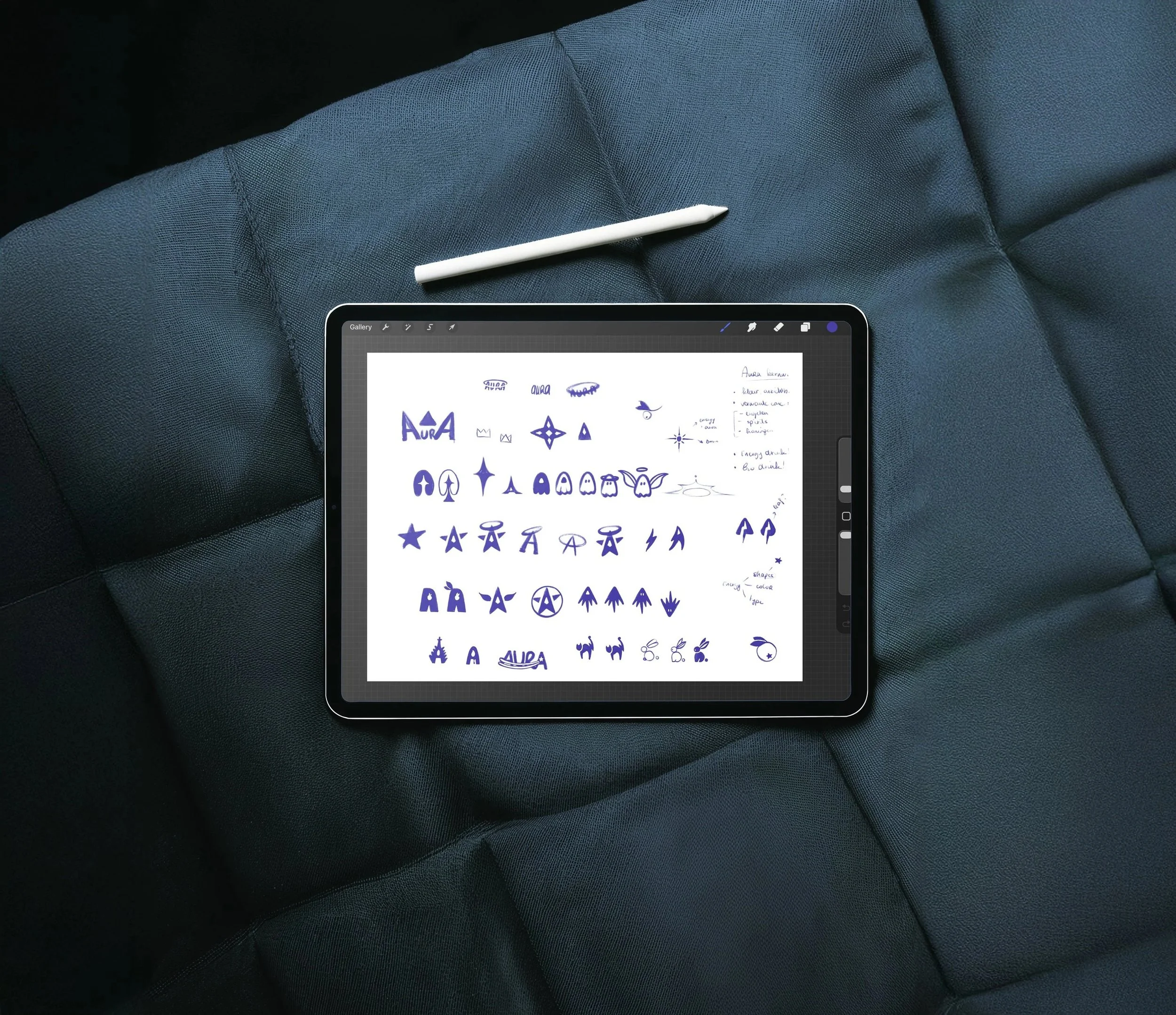 Een digitale tablet met blauwe schriften en tekeningen van symbolen en patronen op het scherm, gelegen op een donkerblauwe stoffen bank. Naast de tablet ligt een witte stylus.