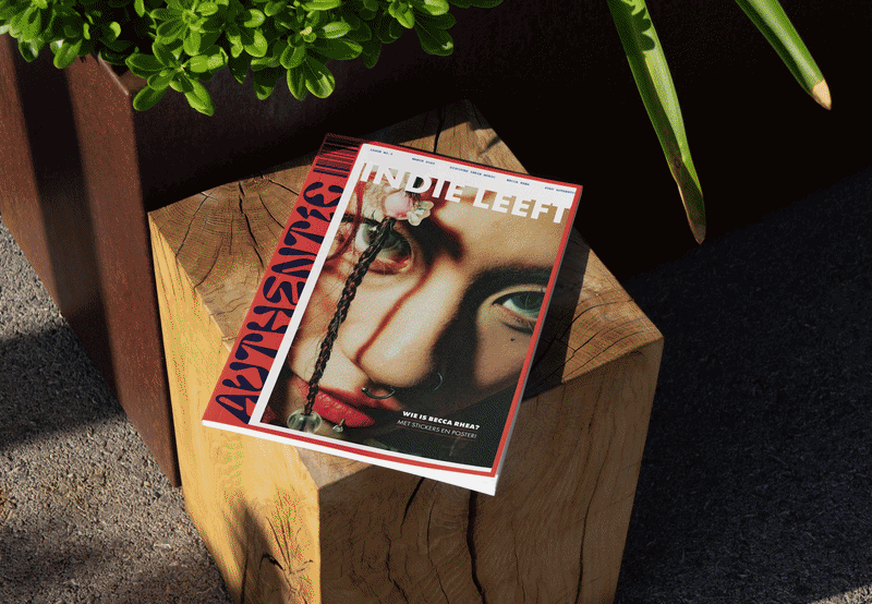 Een magazine ligt op een houten blok onder een afdak, met een groene plant en een paar bladeren ernaast.