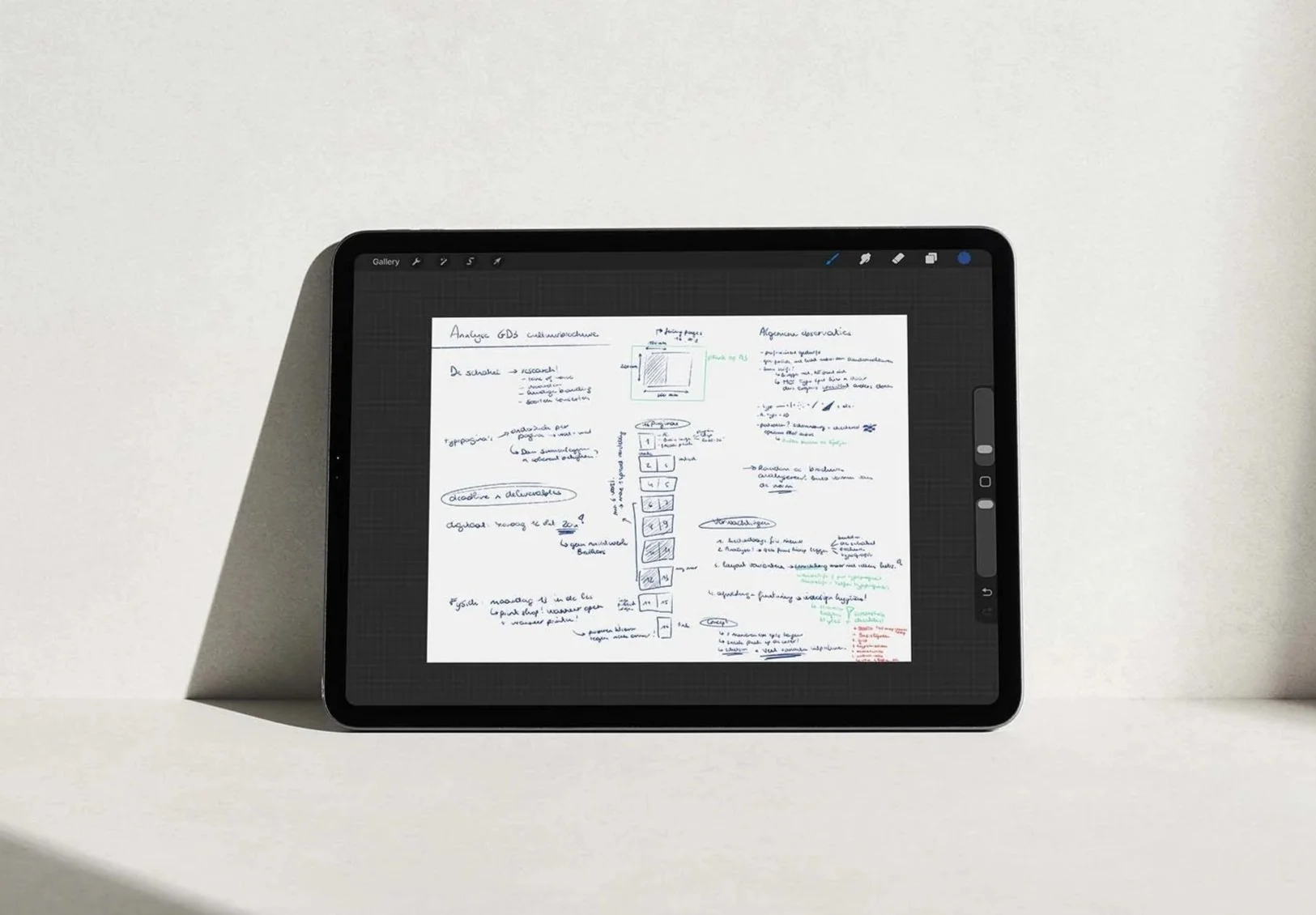 Een digitale tablet op een wit oppervlak met een scherm dat handgeschreven notities en diagrammen toont.