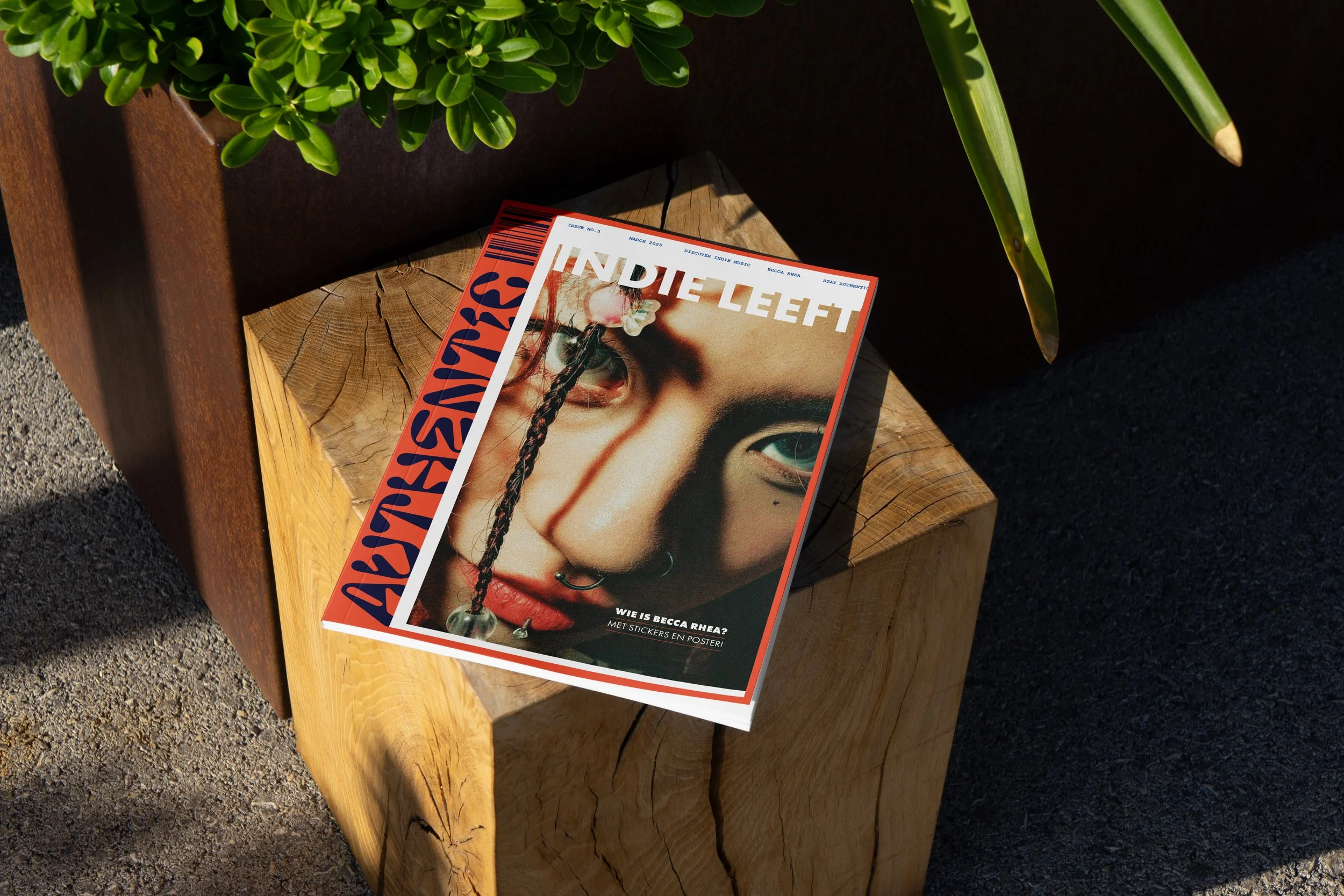 Een magazine ligt op een houten blok op de grond, met twee groene planten ernaast. Het magazine toont een close-up van een vrouw met piercings en sieraden.