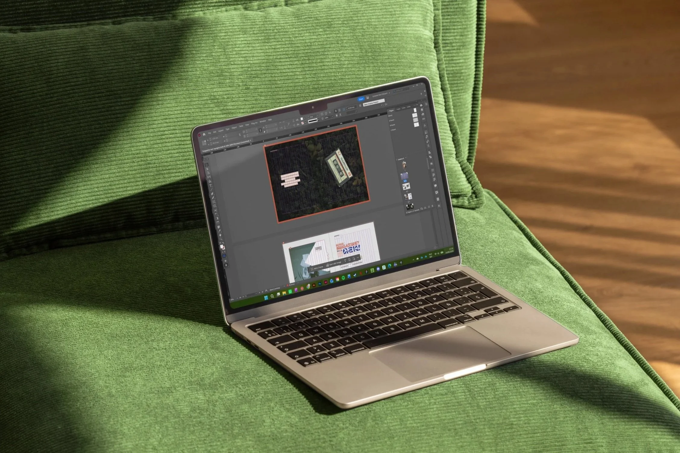 Een laptop met grafisch ontwerpsoftware op een groene bank.