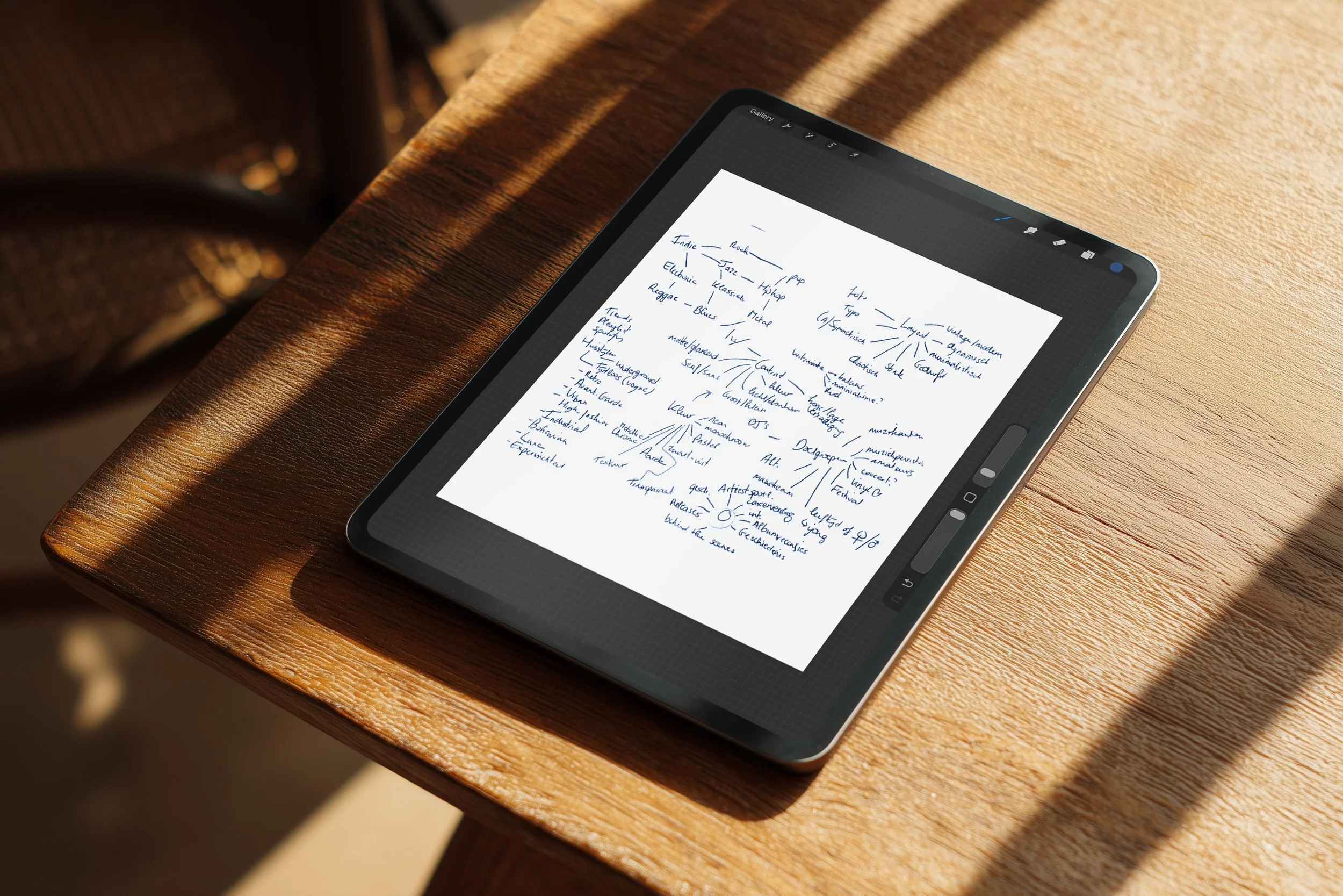 Een tablet ligt op een houten tafel, met een handgeschreven notitie in blauw inkt die verschillende woorden en diagrammen bevat.