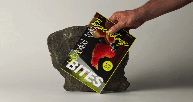Een hand houdt een magazine met een afbeelding van een aardbeien en blad op de cover, dat op een rots staat.