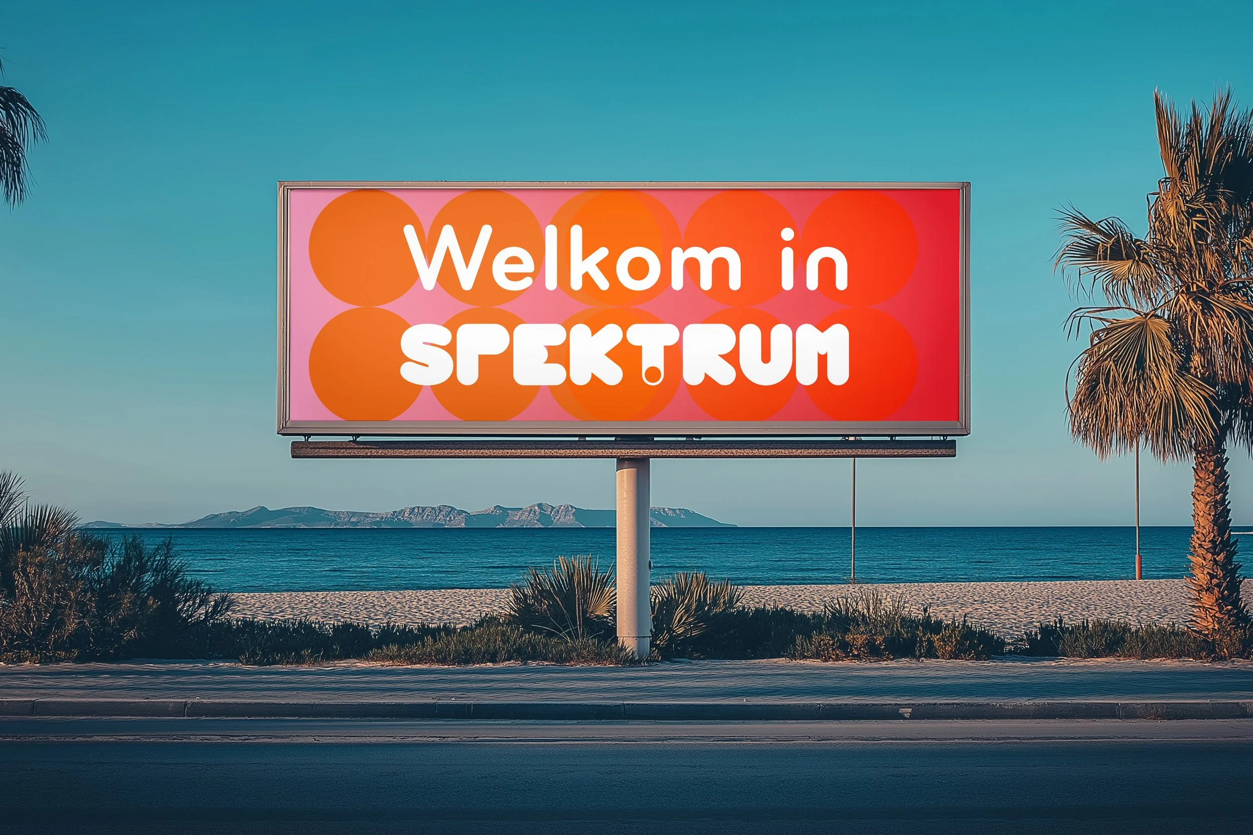 Billboard met de tekst 'Welkom in Spektrum' tegen een achtergrond van de zee, palmbomen en een bergketen, onder een heldere blauwe hemel.