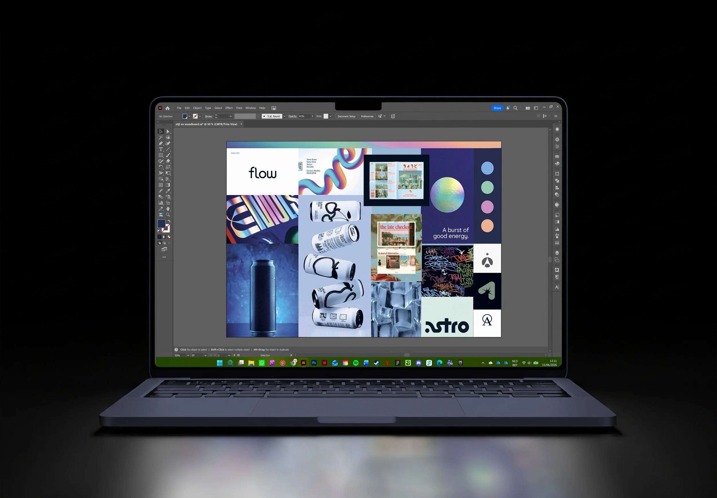 Een laptop met een open ontwerpprogramma op het scherm, weergegeven op een zwarte achtergrond.
