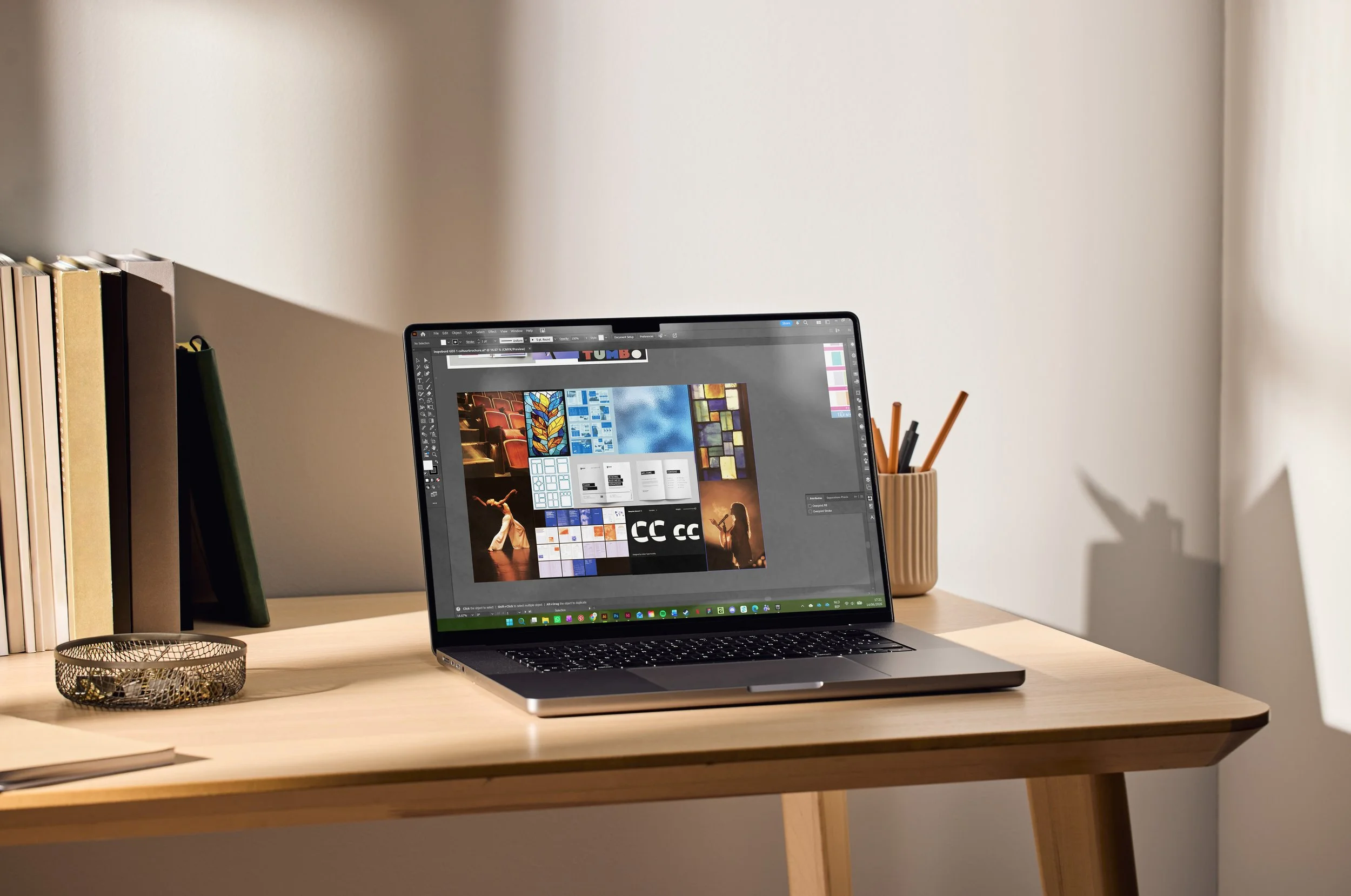 Een laptop op een houten bureau met een ontwerpsoftware open, een bakje met potloden, een stapel boeken, en een raam met gordijnen op de achtergrond.