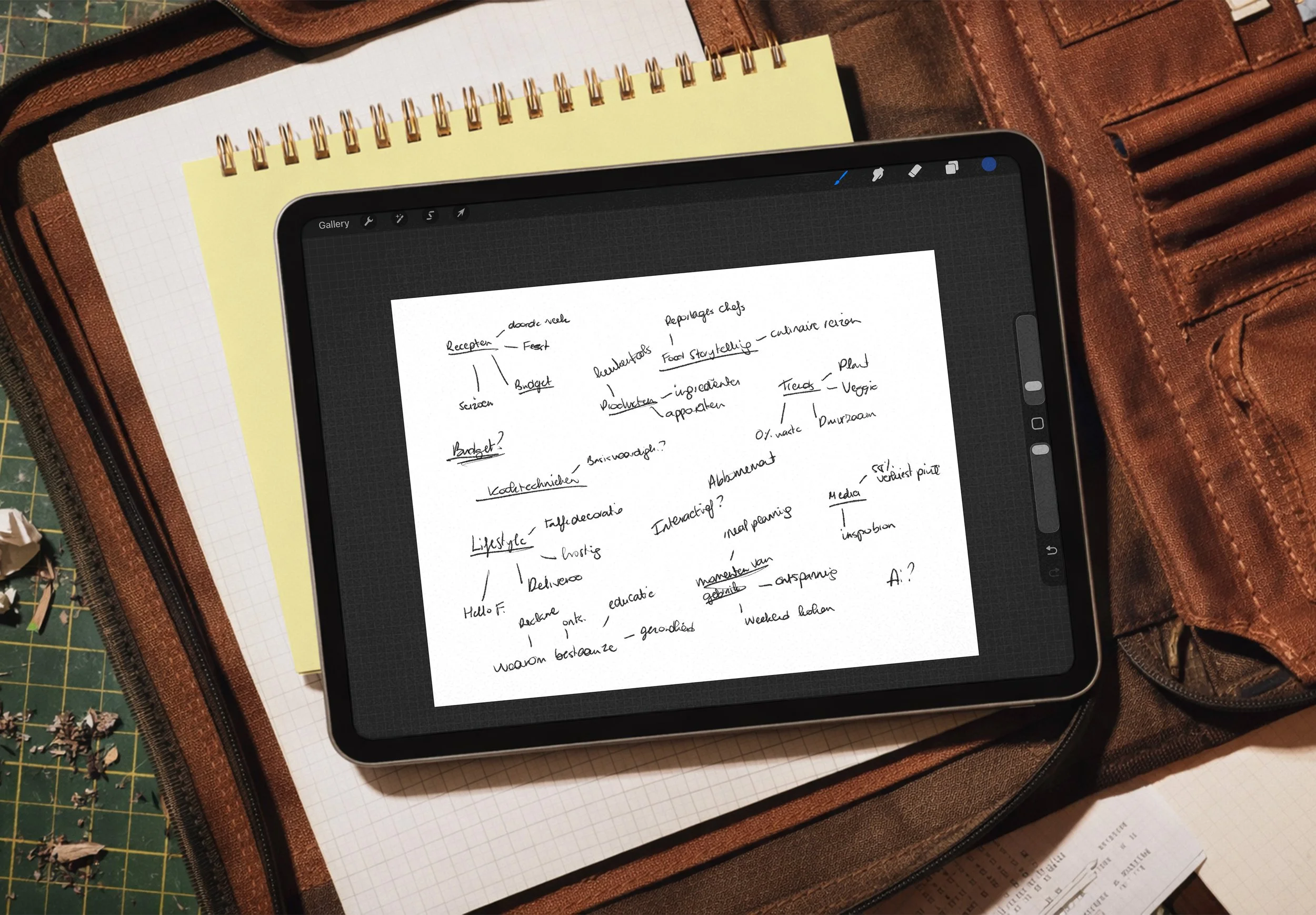 Een digitale tablet ligt op een notitieboek met groene en witte vellen papier, allebei met grafiekpapier. De tablet toont een handgeschreven notitie in het Nederlands met woorden en korte zinnen, mogelijk voor een brainstorm of planning.