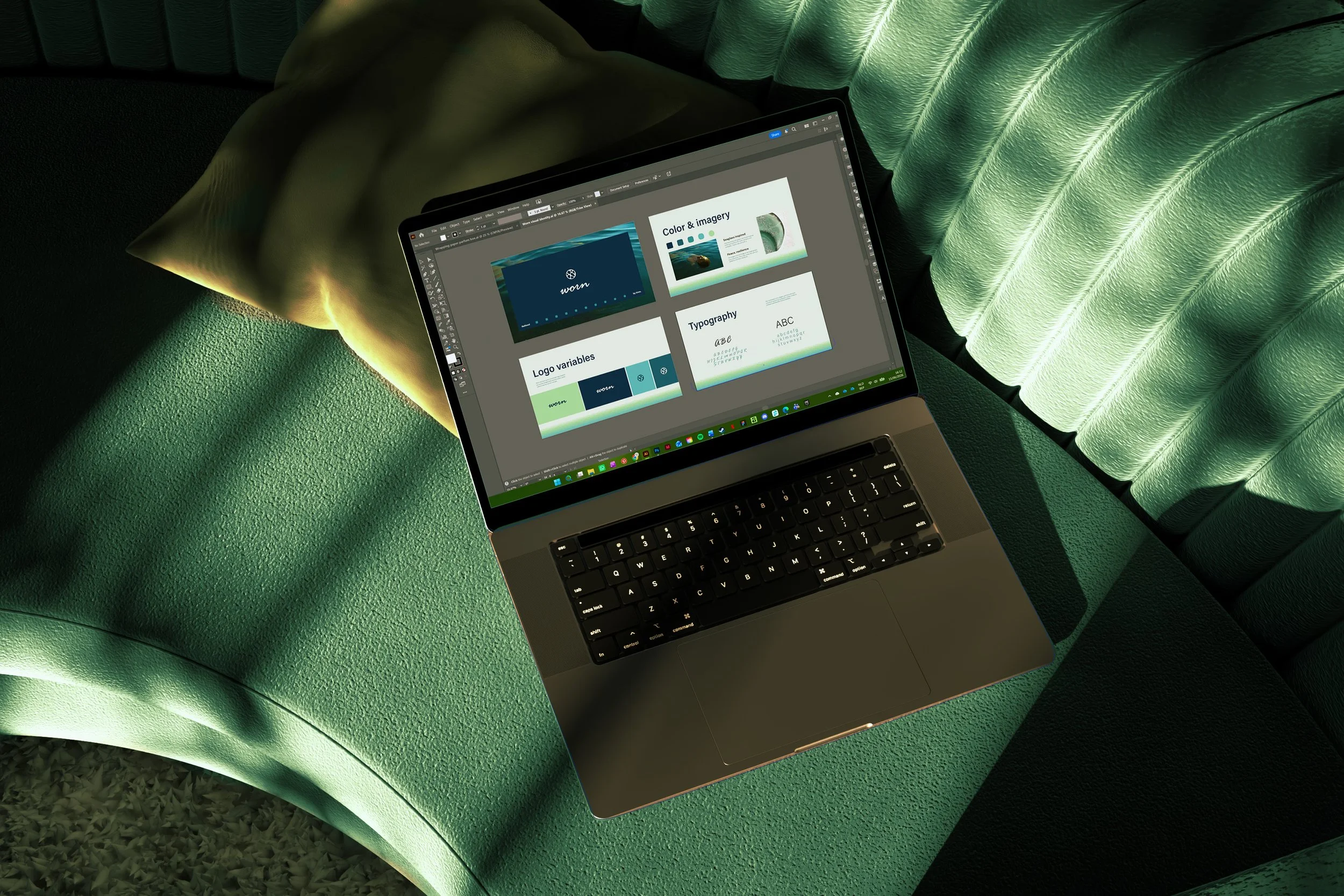 Een laptop die op een groene gestoffeerde bank ligt, met een ontwerpprogramma op het scherm dat kleuren, typografie, en logo-variabelen toont, terwijl er een groene palmblad getextureerd kussen op de achtergrond ligt.