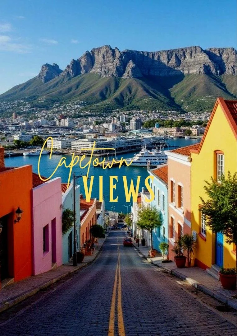 Colorful street in Cape Town with houses in pink, yellow, and blue, leading down to a harbor and mountain range in the background.