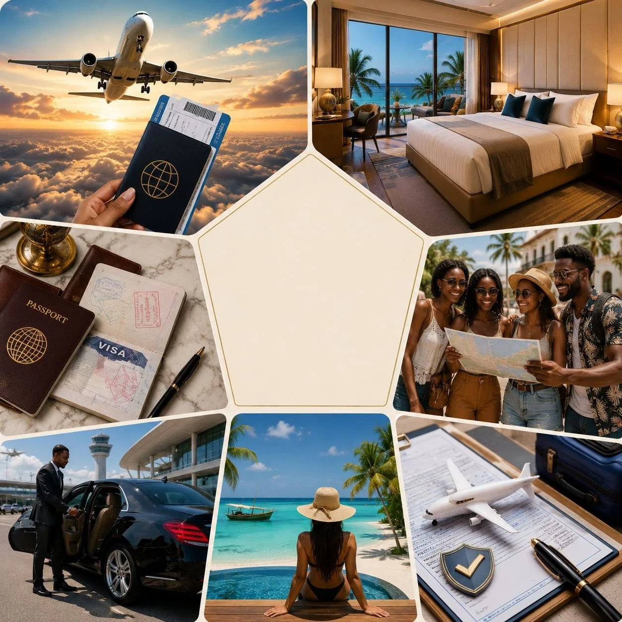 A collage of vacation scenes including an airplane flying in the sky with a hand holding a passport and boarding pass, a luxurious hotel room with a view of the ocean, a group of friends with a map outdoors, a person in a hat sitting by an ocean, a hotel concierge opening a car door, an airplane on a clipboard with travel documents, and a beach with a woman relaxing in a pool.
