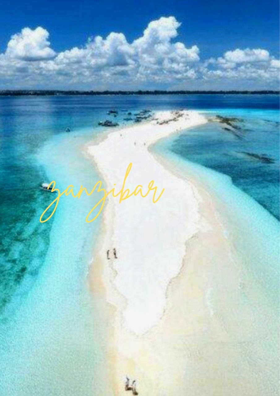 A scenic beach view of a narrow sandbar with turquoise waters on both sides and a cloudy sky in the background, with the word 'Zanzibar' written in yellow script.