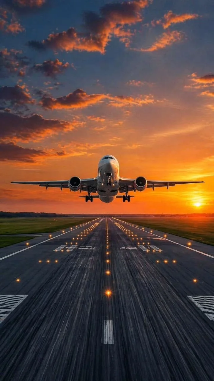 An airplane landing on a runway at sunset with clouds in the sky.