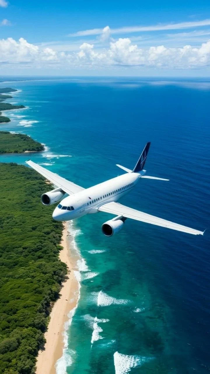 A white airplane flying over a tropical coastline with green forests, sandy beaches, and blue ocean waters under a partly cloudy sky.