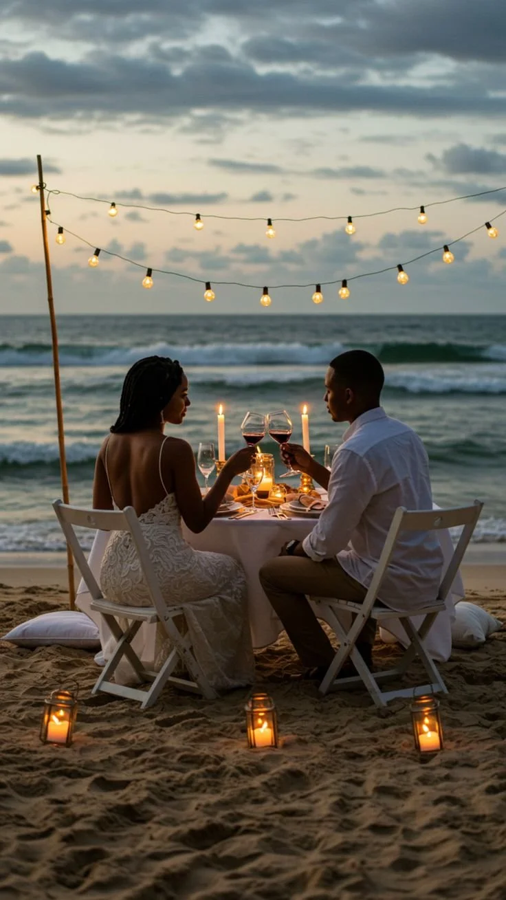 A couple dining at a romantic beach dinner setup with string lights and candles, enjoying wine during sunset over the ocean.
