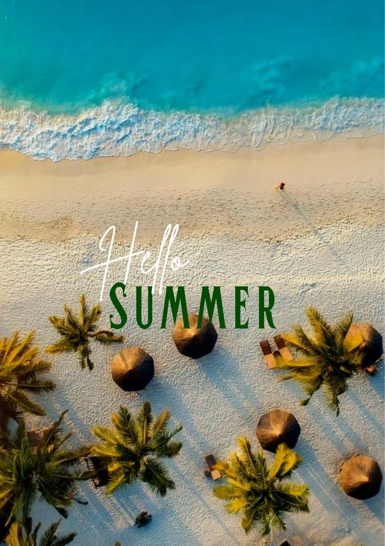Aerial view of a beach with palm trees, straw umbrellas, and lounge chairs on white sand, with turquoise ocean waves approaching the shore. Text overlay says "Hello Summer."