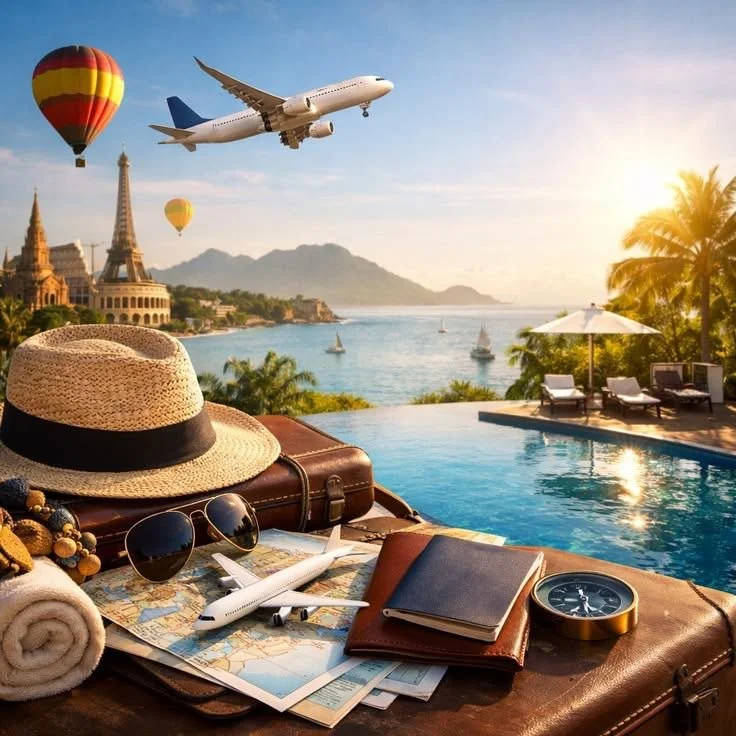Luxury travel scene with a rooftop pool overlooking a coastline, with an airplane flying in the sky, hot air balloons, and famous landmarks like the Eiffel Tower and a castle in the background.