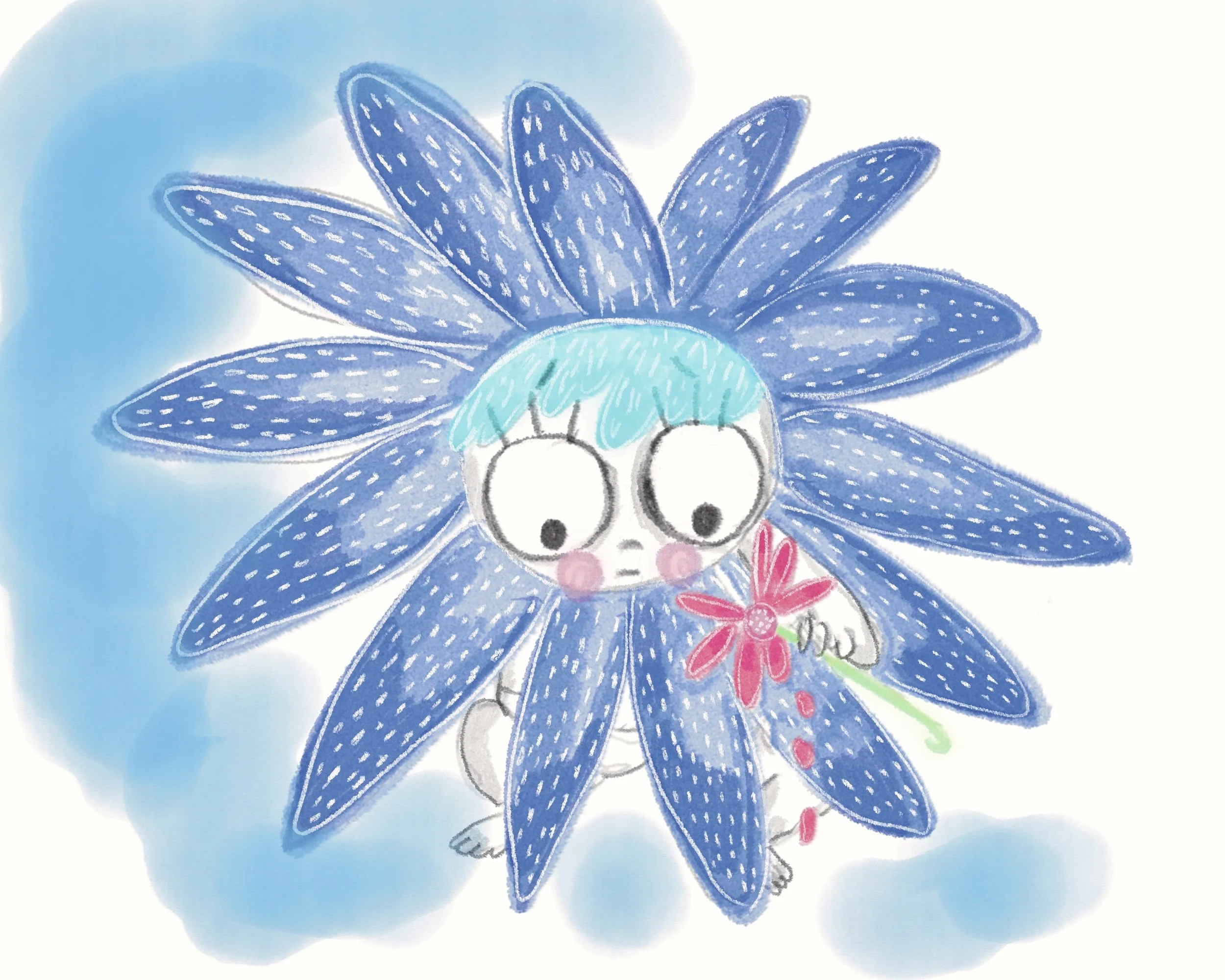 A colorful illustration of a character with a flower-like head and big eyes, holding a pink flower with a green stem.