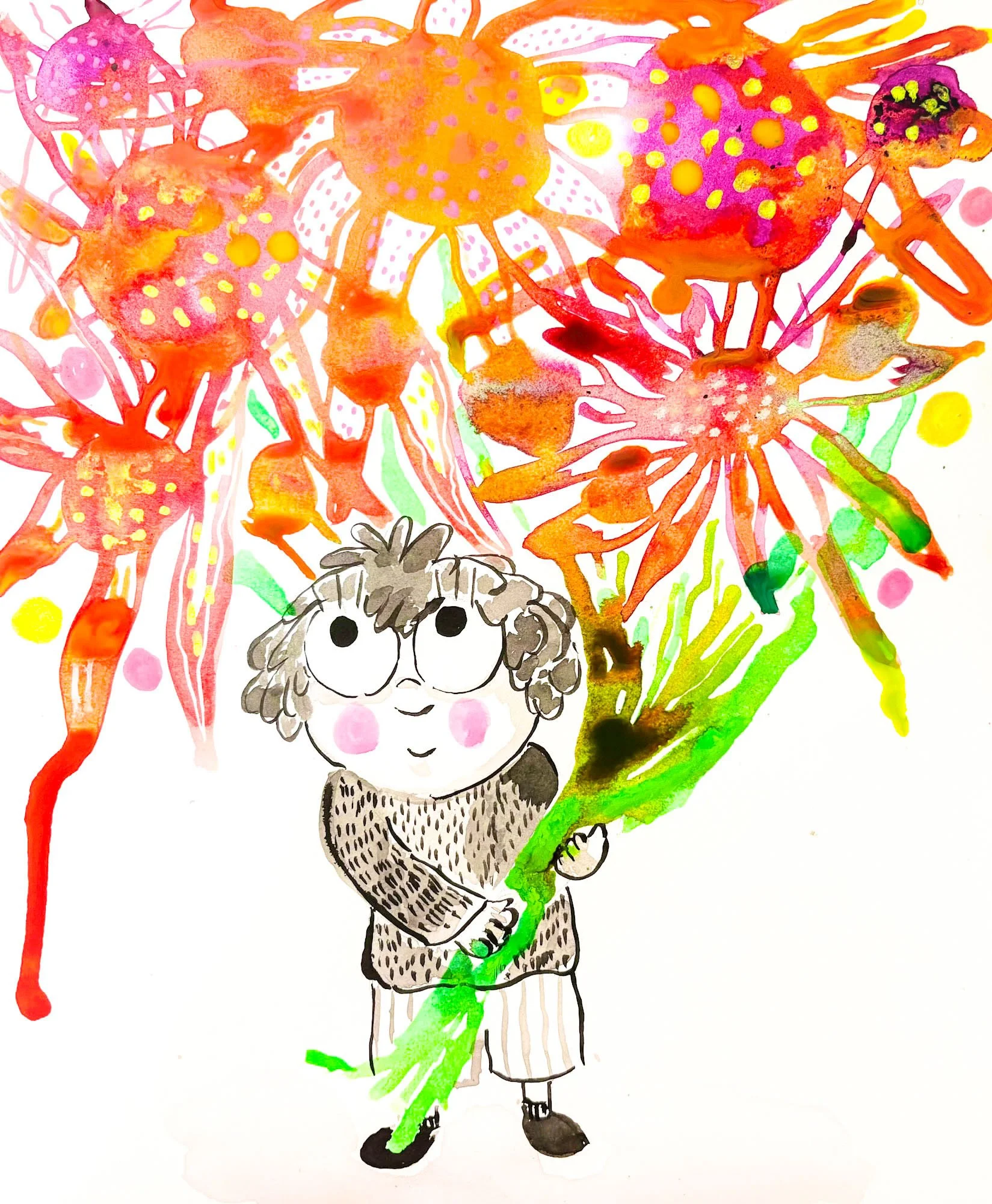 A colorful watercolor illustration of a girl with curly hair, big round glasses, and freckles, holding a large green stem with yellow flowers and orange, pink, and purple tree-like structures in the background.