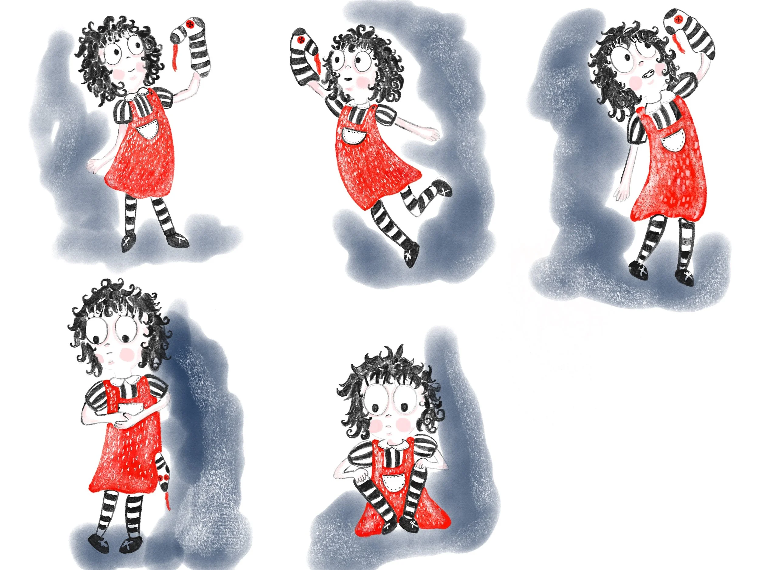Illustration of a girl with curly hair dressed in black and white striped shirt and red skirt, holding a sock puppet, in various poses, set against a watercolor background.