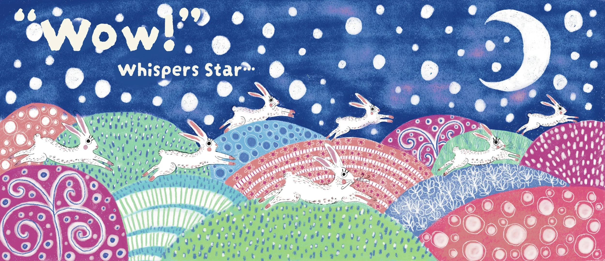 Colorful illustration of rabbits jumping over rainbow-patterned hills under a starry night sky with a crescent moon and the word 'Wow!' in white letters.