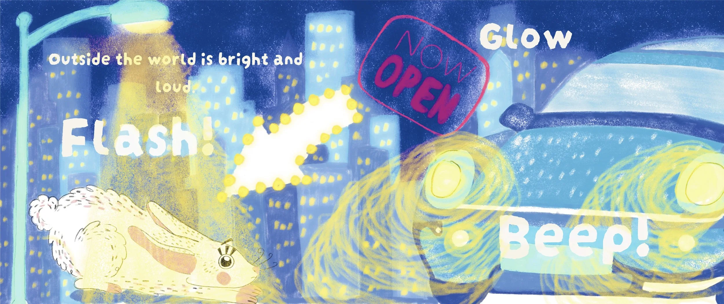 A colorful, illustrated cityscape nighttime scene with bright lights, neon signs that say 'Glow' and 'Open,' and a streetlamp. There is a drawing of a cute rabbit character with pastel colors and a whimsical style. Text on the image reads 'outside the world is bright and loud,' 'Flash!,' and 'Beep!'.