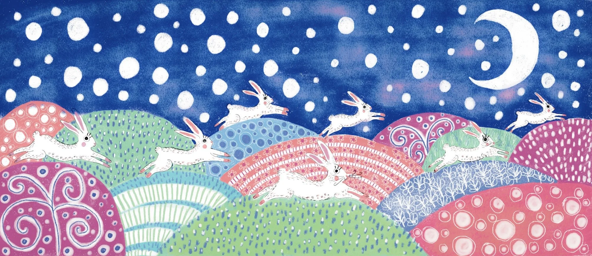 Colorful illustration of white rabbits running through a vibrant landscape with hills and swirling patterns under a dark blue night sky with a crescent moon and falling snow.