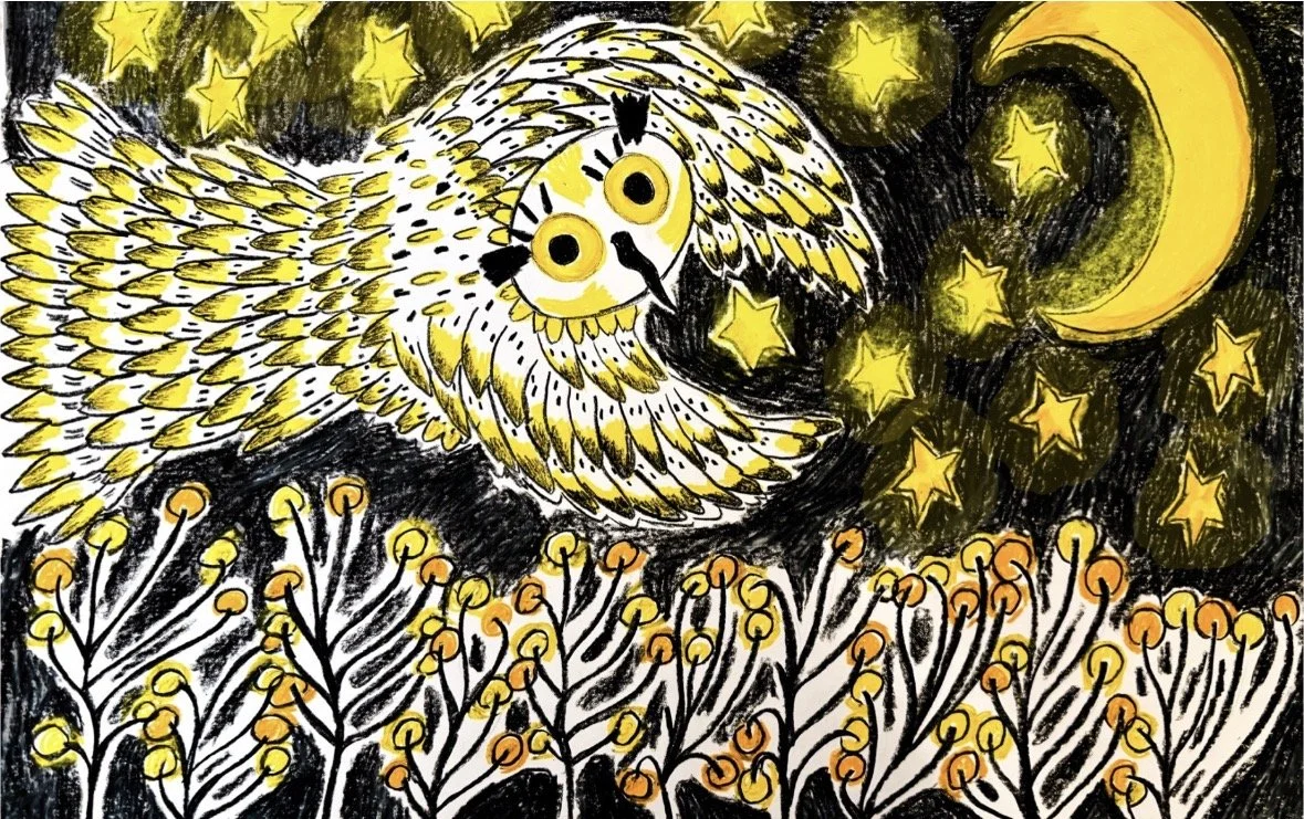 A stylized owl with yellow and black feathers flying in a night sky filled with yellow stars and a crescent moon, above a field of yellow and orange plants.
