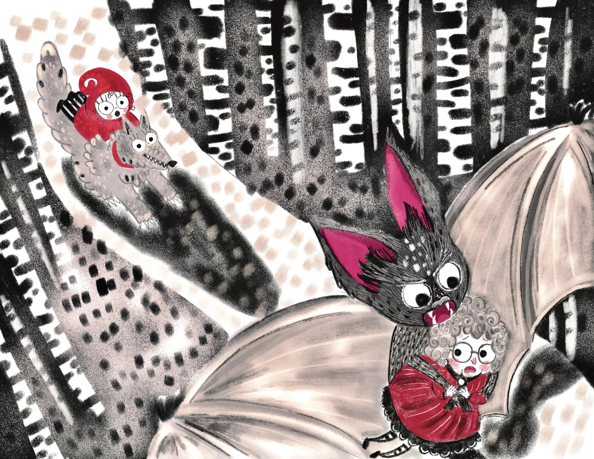 A whimsical illustration with characters resembling children and animals, including a wolf, a girl in red with glasses, and two small figures with curly hair, set against a dark background with black and white patterns and bright pink accents.