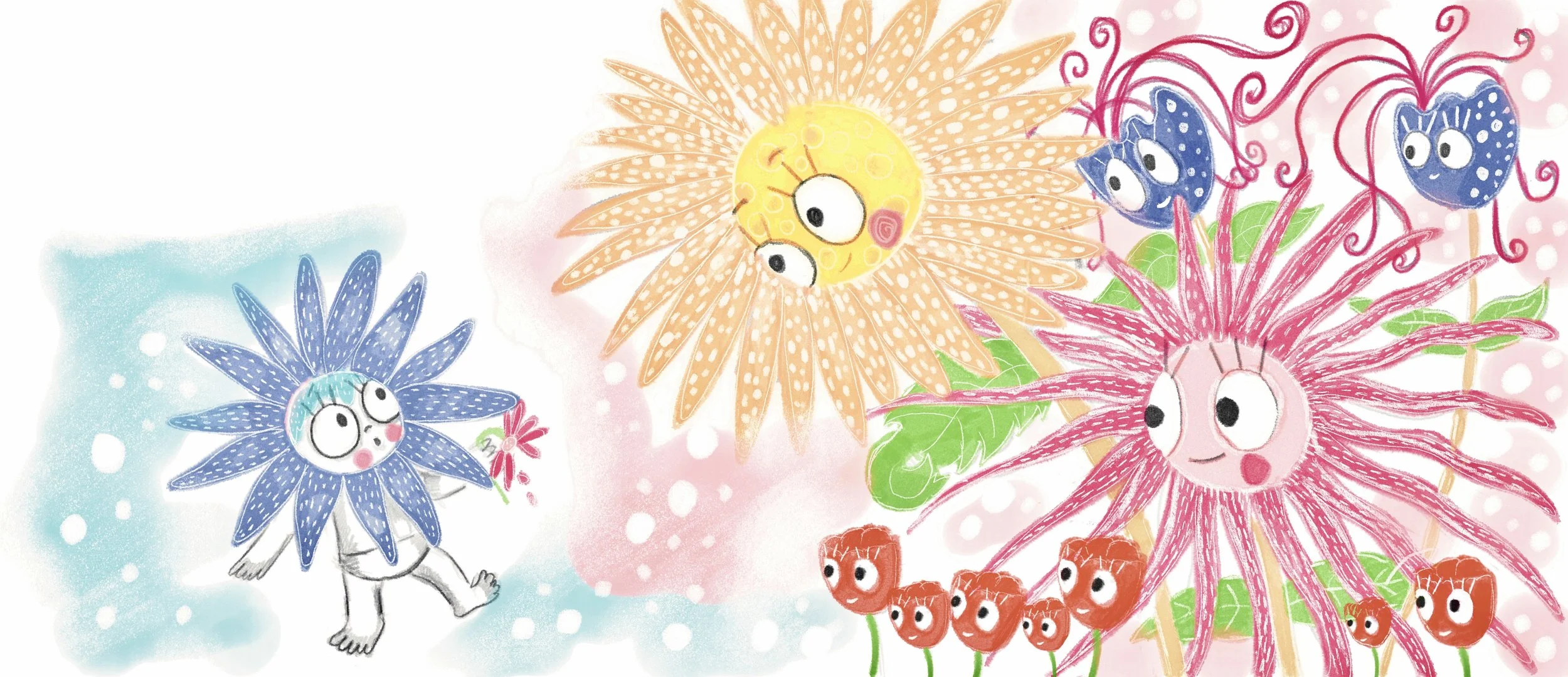 Colorful illustration of anthropomorphic flowers with smiling faces, including blue, pink, orange, and yellow flowers, along with small red flowers and green leaves, in a whimsical and playful style.