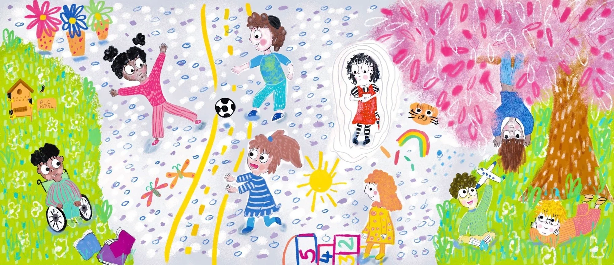 Colorful illustration of children playing outdoors, with a girl in a wheelchair, playing soccer, a girl with curly hair in puddles, kids under pink and green trees, and children with imaginary friends, rainbows, and flowers.