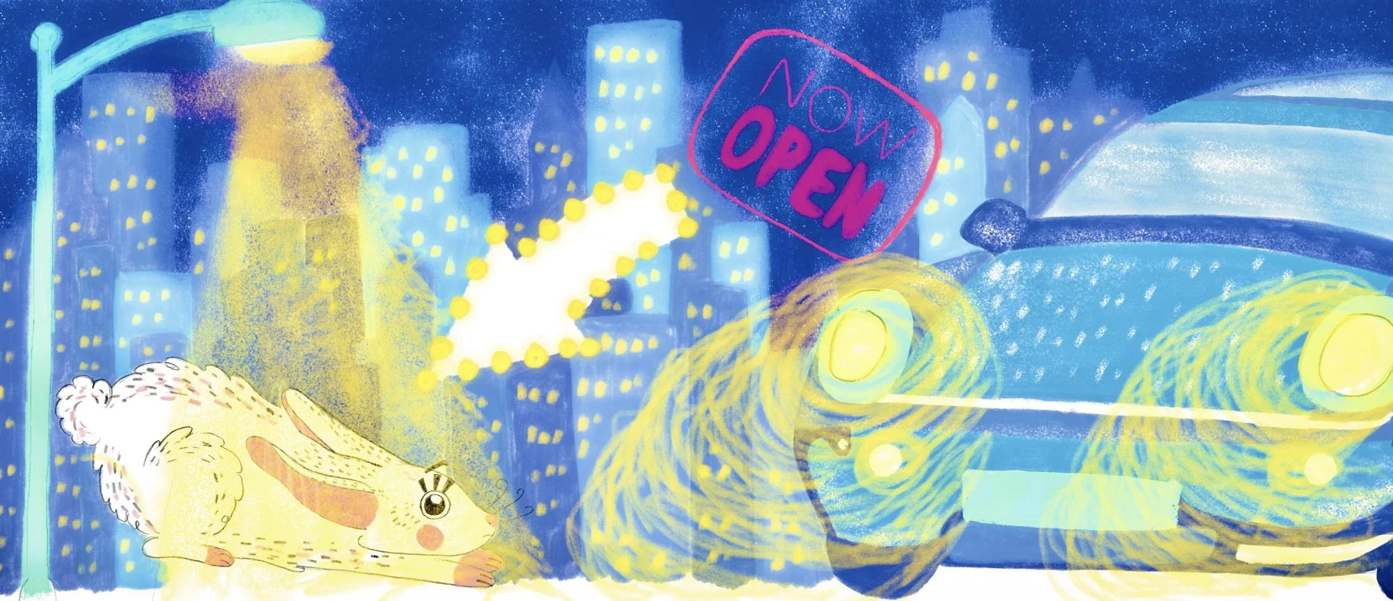 Colorful illustration of a city at night with buildings, a street light, and the night sky filled with stars. A yellow star-shaped vehicle is visible, and a pink