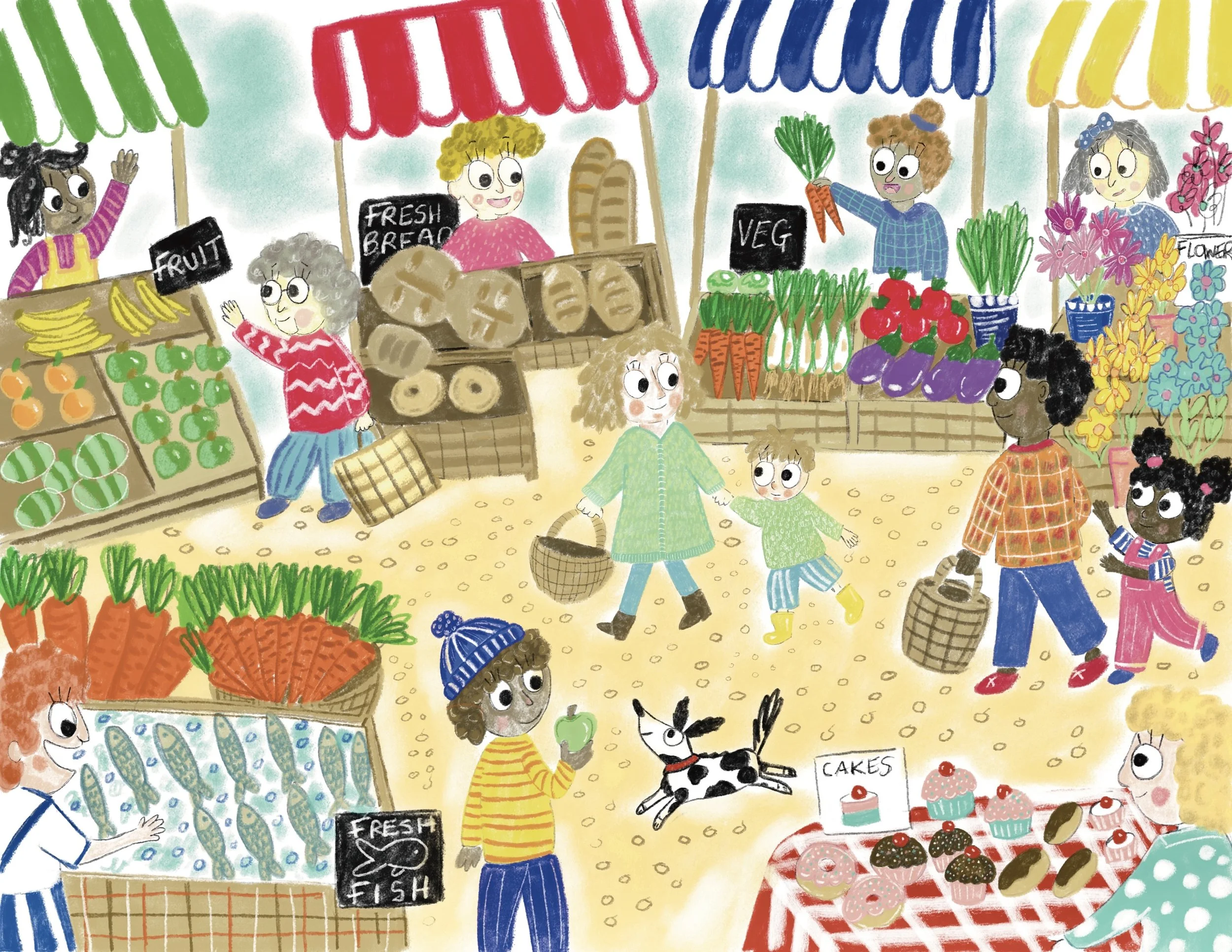 Colorful market stall with produce, baked goods, and children shopping, with signs reading 'Fruit,' 'Fresh Bread,' and 'Veg' in a lively outdoor setting.