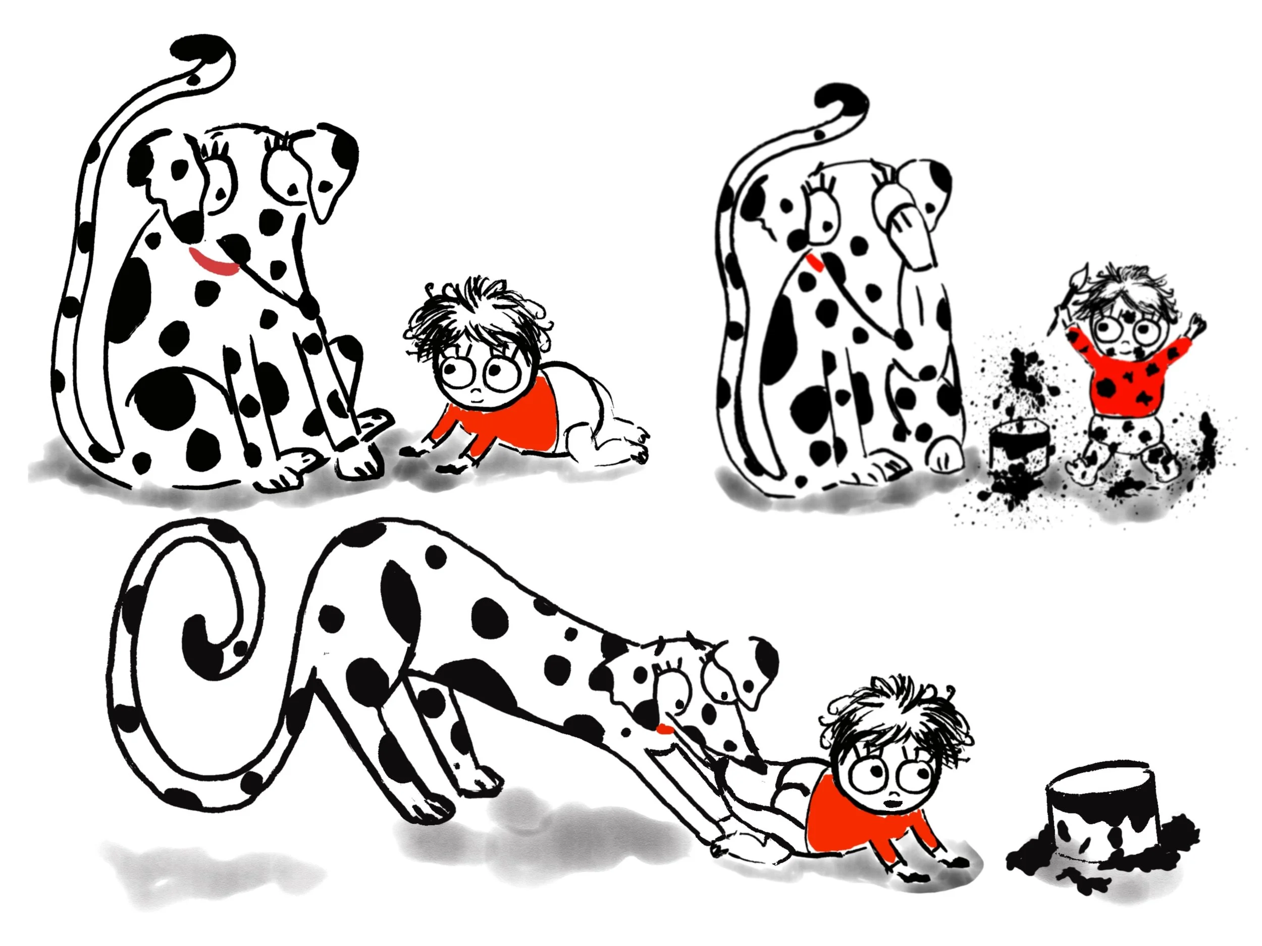 Children and cartoon-style Dalmatian dogs with black spots, wearing red clothes, playing with paint and a paintbrush.