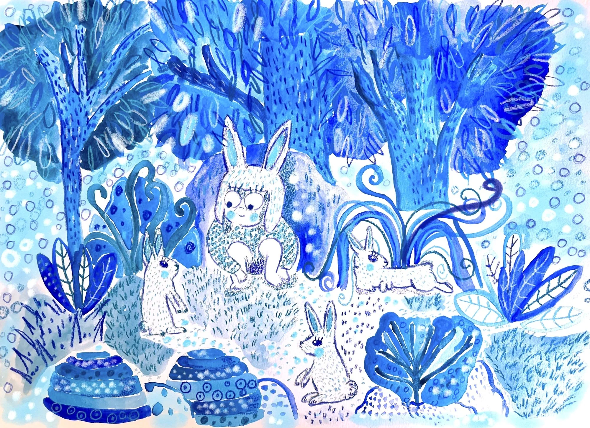 A whimsical blue illustration of a girl with bunny ears sitting among animals and large plants in a lush, enchanted forest.